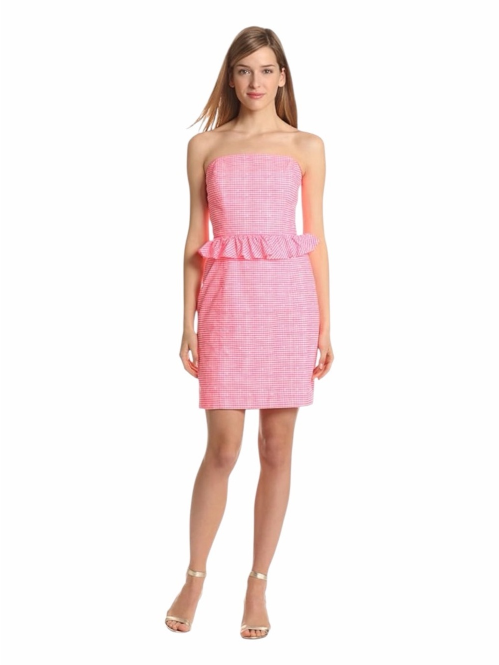 Lilly Pulitzer Lowe Strapless Dress Fiesta Pink Pretty Gingham Strapless Ruffle